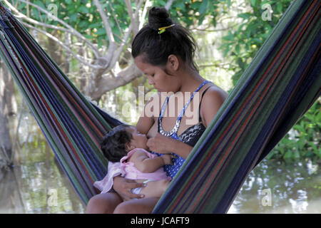 MANAUS, 10.06.2017: Junge Frau in der Hängematte, mit ihrem Baby in einem der wenigen Inseln auf Amazonas im brasilianischen Amazonas Regenwald. (Foto: Nésto Stockfoto