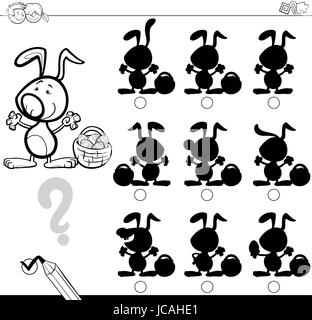 Schwarz / Weiß Cartoon Illustration zu finden im Schatten ohne Unterschiede Bildungsarbeit für Kinder mit Bunny Ostern Farbe Charakter Stock Vektor