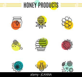 Satz von Symbolen der Bienenzucht, Honig und Imkerei. Stock Vektor