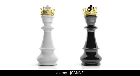 Schach-Könige. Schwarz / weiß-Könige mit goldenen Kronen auf weißem Hintergrund. 3D illustration Stockfoto