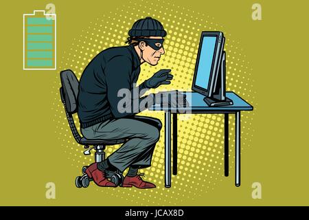 Kaukasische Hacker Dieb einen Computer hacken. Pop-Art-Retro-Vektor-illustration Stock Vektor