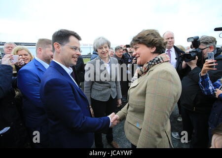 Mai 2017. Foto/Paul McErlane exklusive Datei-IMAGES - Nordirland Secretary Of State James Brokenshire schüttelt Hände mit DUP Führer Arlene Foster bei einem Rundgang durch die Balmoral zeigen, Lisburn, County Antrim, Samstag, 13. Mai 2017. Foto/Paul McErlane Stockfoto