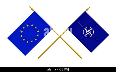 Flaggen der NATO und Europäische Union, 3d Rendern, isoliert auf weiss Stockfoto