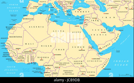 Nordafrika und Naher Osten politische Karte mit den wichtigsten Hauptstädten und Ländergrenzen hinweg. Stockfoto