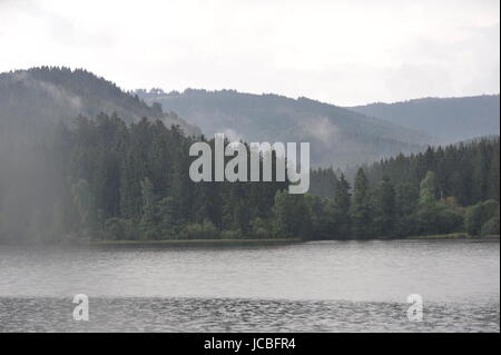 Nebligen Landschaft in Sösestausee, Riefensbeek-Kamschlacken,Harz,Germany.Sösestausee Im Nebel Und Regen, Harz. Stockfoto