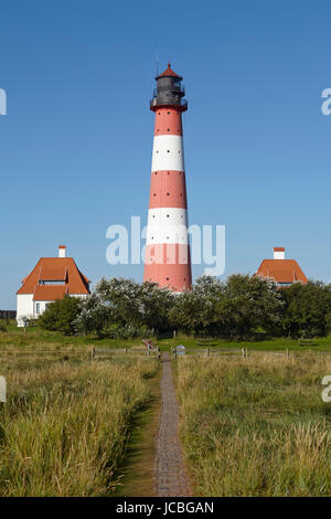 Landschaft mit Salzwiesen Anad Leuchtturm Westerhever befindet sich nahe der Küste der Nordsee, an einem sonnigen Morgen getroffen. Dieser Landschaft liegt in der Nähe der Küste der Nordsee (Nordfriesland, Deutschland, Schleswig-Holstein): Stockfoto