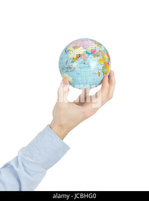 Hände-Betriebe Globe auf weiß Stockfoto