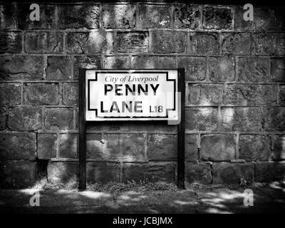 Penny Lane Straßenschild, berühmt geworden durch die Beatles in einem Lied. Stockfoto