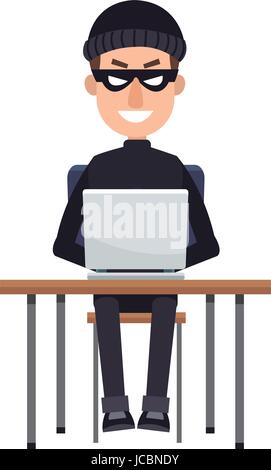 Hacker in Hoodie mit Laptop sitzen Stock Vektor