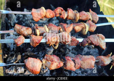 appetitlich Grill mit tollen Stücken von Fleisch auf dem Feuer Stockfoto