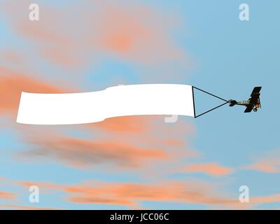 Doppeldecker Flugzeuge ziehen Werbebanner in bunten Sonnenuntergang Himmel - 3D render Stockfoto