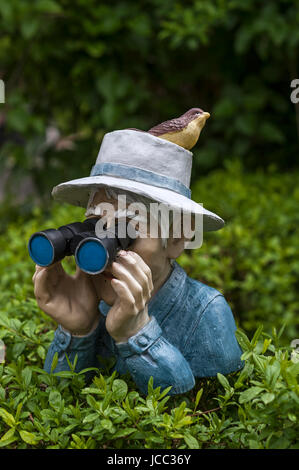 Menschliche Figur mit Vogel am Hut und Fernglas über eine Hecke, Bayern, Deutschland Stockfoto