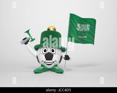 Ein netten und lustigen Fußball-Charakter mit der nationalen Flagge Saudi Arabiens und ein Horn gekleidet in den Farben von Saudi-Arabien auf hellen Hintergrund, sein Team zu unterstützen Stockfoto