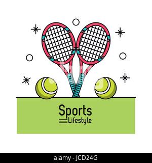 bunte Poster von Sport Lifestyle mit Tennisschlägern und Bällen Stock Vektor