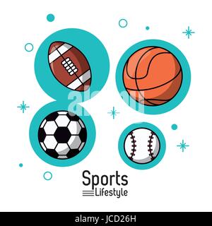 bunte Poster von Sport Lifestyle mit Kugeln aus Fußball und Basketball und Fußball und baseball Stock Vektor