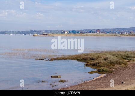 Auf der Suche nach Exmouth vom Vogel Ausblenden in Dawlish Warren bei Flut. Einen malerischen Blick auf die Exe Estuary. Devon, UK. April, 2016. Stockfoto