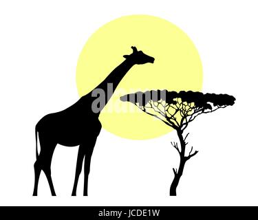 Giraffe schwarz Silhouette gegen das Gelb der Sonne in Savannah Stock Vektor