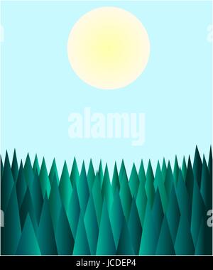 Abstrakt Grün-Polygon-Wald auf einem Hintergrund von blauem Himmel und Sonne Stock Vektor