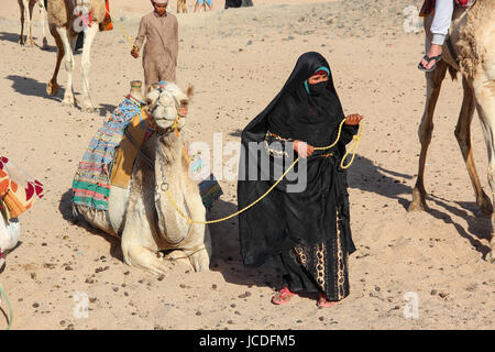 HURGHADA, Ägypten - 24. April 2015: Die alte Frau-Nomadenlager von Beduinen-Dorf in der Wüste Sahara mit ihrem Kamel, Ägypten, HURGHADA am 24. April 2015. Stockfoto