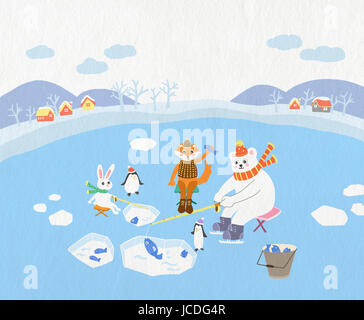 Tiere genießen Eisfischen in Winterurlaub Stockfoto