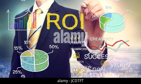 Geschäftsmann ROI (Return-on-Investment) mit Graphen zeichnen Stockfoto