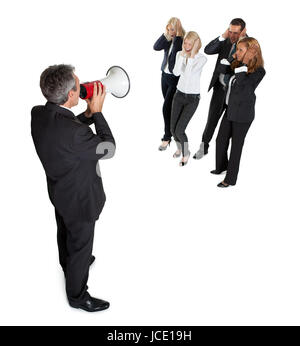 Business-Ankündigung über Lautsprecher isoliert auf weißem Hintergrund Stockfoto