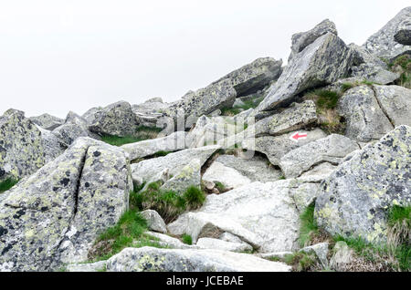 Kennzeichnung der touristischen Route in den Bergen. Rote Pfeile. Stockfoto