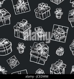 Vektor hand gezeichnete Geschenk Box Musterdesign. Skizze Weihnachtsgeschenke schwarzen Hintergrund für die vorliegende Entwurf Stock Vektor