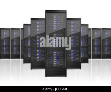 Bild von vielen Server-Racks. Isoliert auf weißem Hintergrund Stockfoto