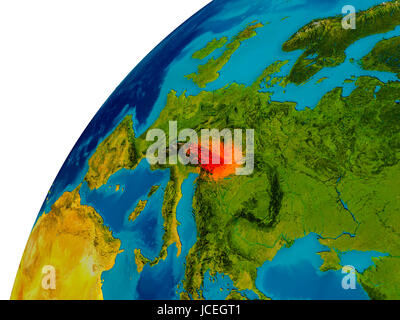 Österreich in rot auf topographische Globus. 3D Darstellung mit detaillierten Planetenoberfläche. Elemente des Bildes von der NASA eingerichtet. Stockfoto