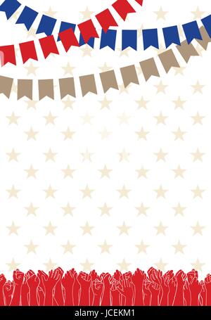 Independence Day in den USA, 4. Juli. Grußkarte oder Banner Vorlage, Vektor-Design-Element. Plakat mit erhobenen Händen vieler Menschen, für Freedo stimmen Stock Vektor