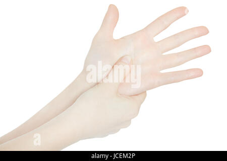 Frau hand berühren schmerzhaft Handflächenbereich isoliert auf weiss, Schneidepfad Stockfoto