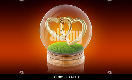 Transparente Kugel Glaskugel mit goldenen Hochzeit Ringe auf dem Rasen im Inneren. 3D-Rendering. Stockfoto