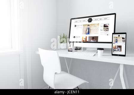3D-Rendering Geräte auf Desktop. reaktionsschnelle Blog auf Bildschirmen. Stockfoto