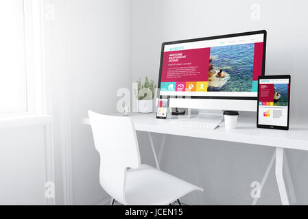 3D-Rendering Geräte auf Desktop. ansprechende frische und moderne Homepage auf Bildschirmen. Stockfoto
