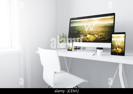 3D-Rendering Geräte auf Desktop. ansprechende Design-Website auf Bildschirmen. Stockfoto