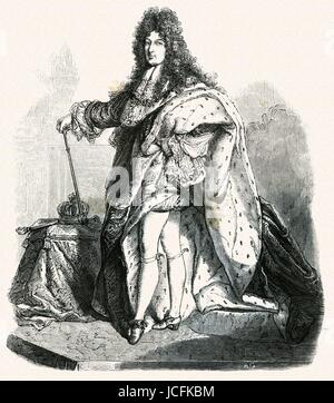 Porträt von Louis XIV von Frankreich (1638-1715) in Krönung Kleid 17. Jahrhundert Gravur Stockfoto