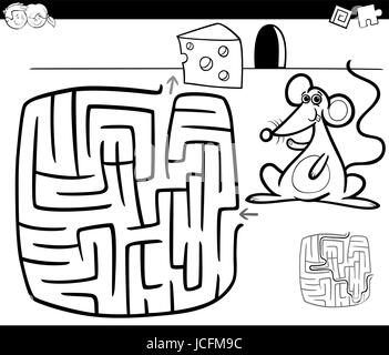 Schwarz / Weiß Cartoon Illustration der Bildung Irrgarten oder Labyrinth-Spiel für Kinder mit Maus und Käse Färbung Seite Stock Vektor