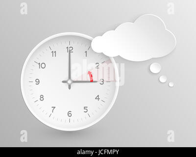Cloud-geformte Sprechblase und Vektor-Uhr mit Zeigern auf 03:00 und ein roter Pfeil symbolisiert die Stunde nach hinten, um 02:00 für den Wandel der Zeit im Herbst, fallen in Europa auf silbernem Hintergrund. Stockfoto