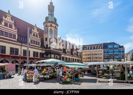 Markt in den Markt (Marktplatz) vor dem Altes Rathaus (Rathaus), Leipzig, Sachsen, Deutschland Stockfoto