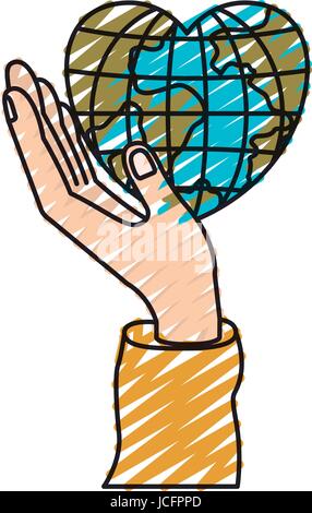 Farbe Kreide Silhouette Hand hält in Handfläche eine Erde Globus Welt in Herzform Stock Vektor