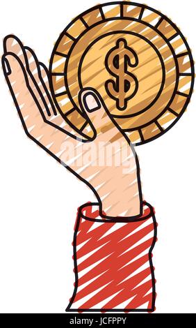 Farbe Kreide Silhouette Hand in Hand eine Münze mit Dollar-Symbol im Inneren halten Stock Vektor