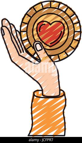 Farbe Kreide Silhouette Hand eine Münze mit Herzform in Nächstenliebe Symbol in Handfläche halten Stock Vektor