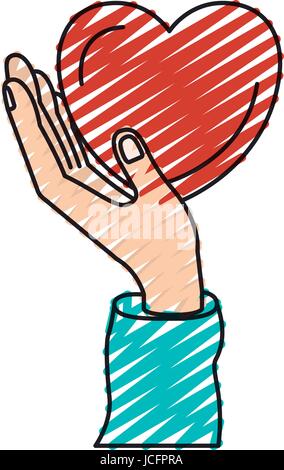 Farbe Kreide Silhouette Hand hält in Handfläche ein Herzsymbol Nächstenliebe Stock Vektor