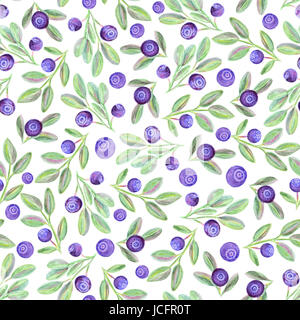 Aquarell Heidelbeere nahtlose Muster. Weißer Hintergrund mit blaubeere Früchte. Handgefertigte Abbildung. Stockfoto