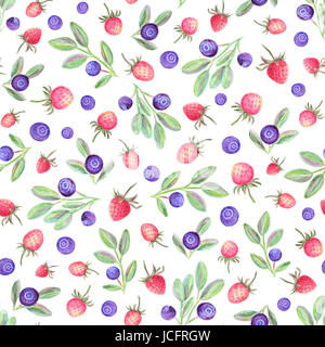 Aquarell nahtlose Muster mit Beeren. Weißer Hintergrund mit Erdbeeren und Heidelbeeren Früchte. Handgefertigte Abbildung. Stockfoto