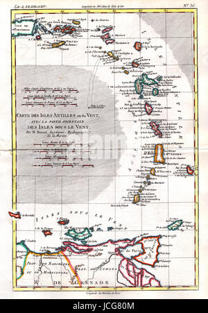 1779 Bonne Karte von den Antillen-Inseln der Westindischen Inseln auf der windabgewandten Seite des karibischen Meeres. Stockfoto