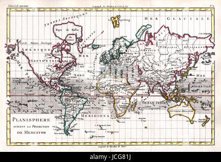 1779 Bonne Weltkarte auf Mercators-Projektion, ein Beispiel für Französisch Kartographie, hand gefärbt. Stockfoto