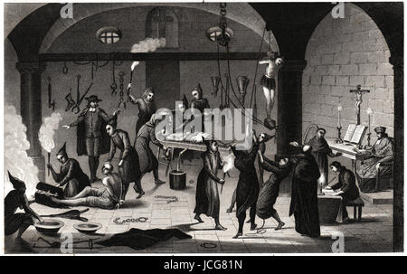 1843 Bilder drucken einer mittelalterlichen Kerker-Szene von verschiedenen Qualen der Ketzer während der spanischen Inquisition. Stockfoto