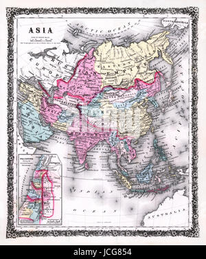 1858 colton Karte von Asien einschließlich des Nahen Ostens und Indien, Indien und dem Kaiserreich China, Japan, Saudi-Arabien, in Palästina und anderen Orten. Stockfoto